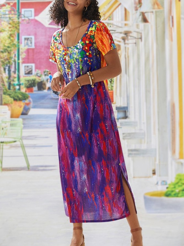 Floral Print Ombre tie Dye Cotton Vintage Weaving Handmade Dress