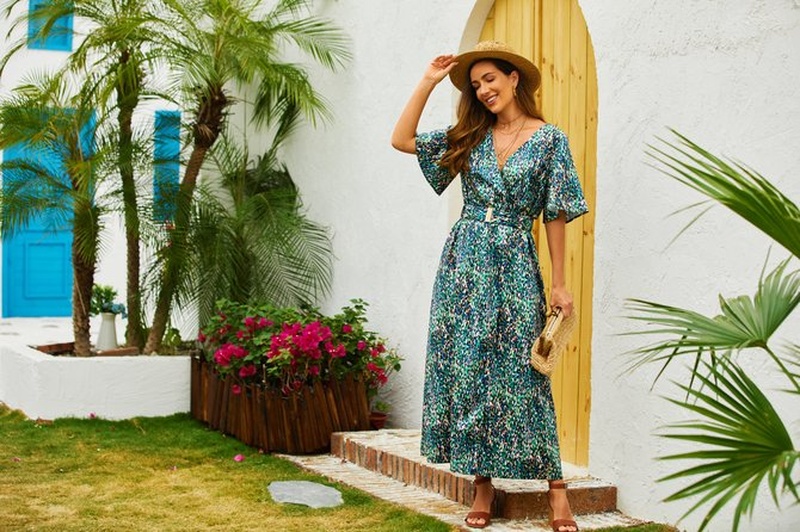 Vacation Disty Floral Short Sleeve Handmade Dress