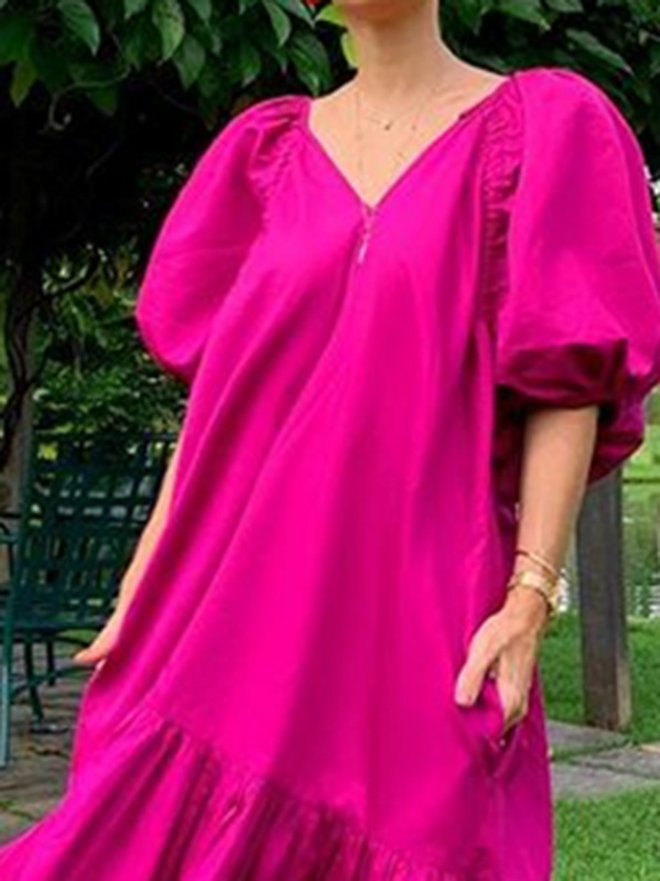 Plain Holiday Balloon Sleeve Cotton Blend Weaving Handmade Dress