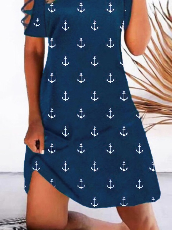 Anchor Casual Round Neck Short Sleeve A line Handmade Dress