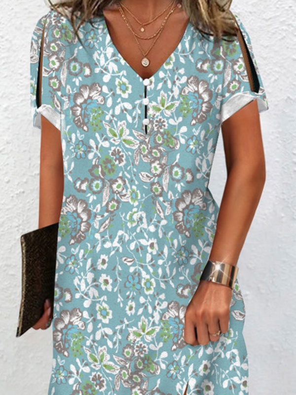 Casual V Neck Loose Buckle Handmade Dress