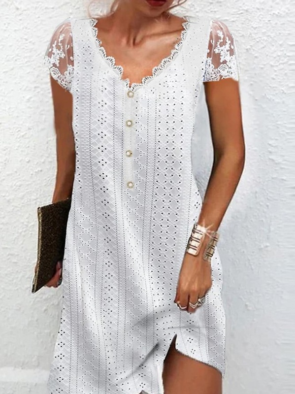 Loose Casual Plain V Neck Handmade Dress