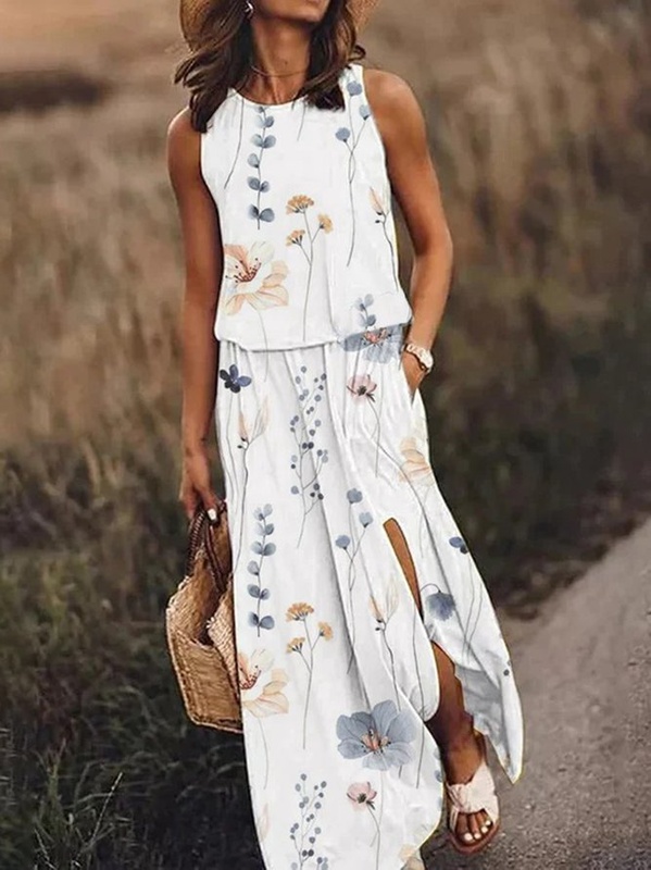 Floral Crew Neck Casual Vacation Sleeveless Loose Handmade Dress
