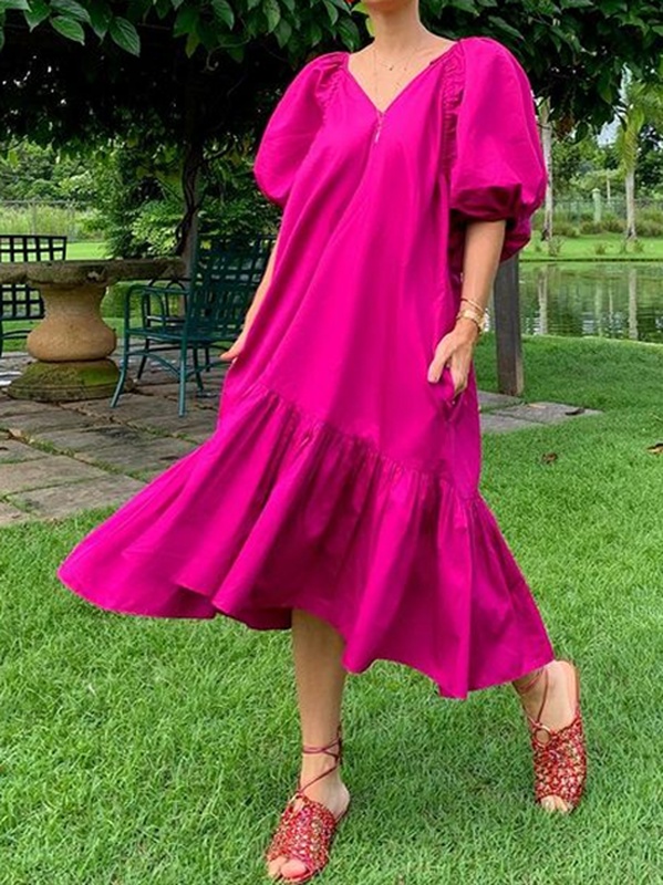 Plain Holiday Balloon Sleeve Cotton Blend Weaving Handmade Dress