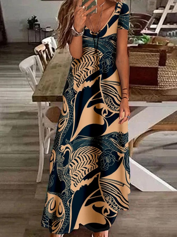 Abstract Short Sleeve V Neck Casual Long Handmade Dress