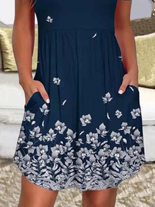 Casual Floral V Neck Short Sleeve Knit Handmade Dress