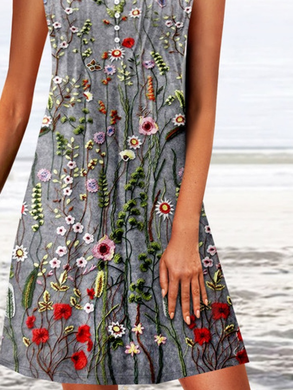 Notched Casual Floral Printed Buckle Handmade Dress