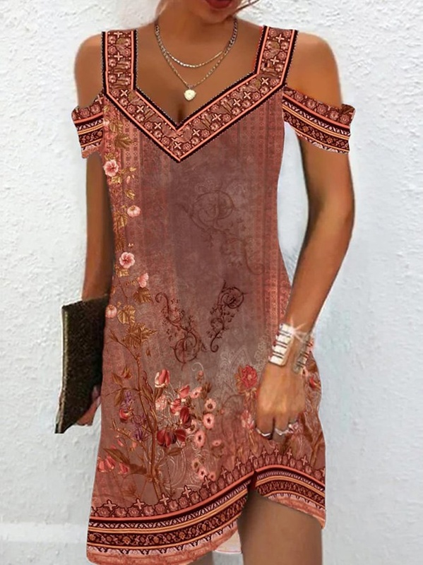 Green Floral V Neck Loose Casual Handmade Dress