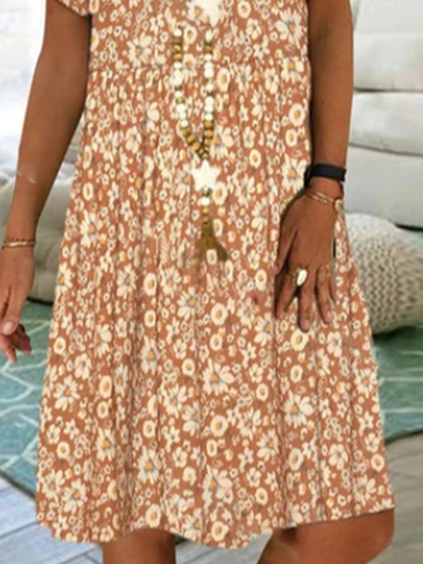 Plus size Casual Floral Short Sleeve Handmade Dress