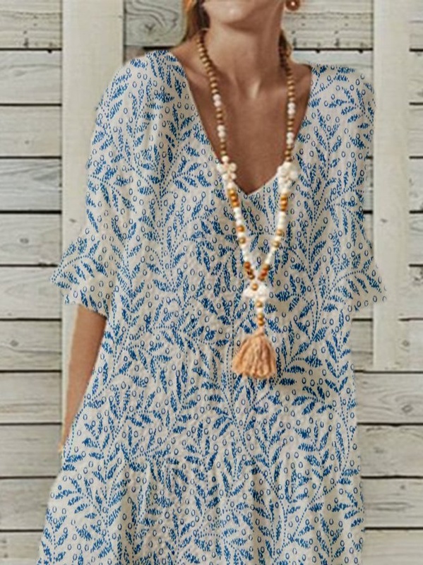 Polyester Cotton V Neck Pastoral Short Sleeve Weaving Handmade Dress