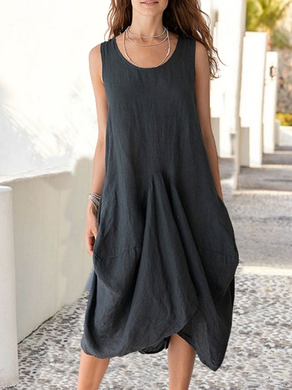 Crew Neck Regular Fit Casual Plain Midi