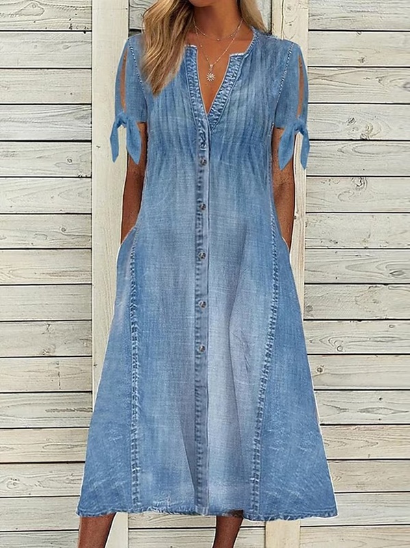 Plain V Neck Casual Denim Handmade Dress