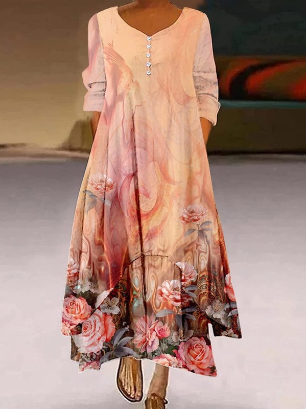 Floral Casual Loose V Neck Handmade Dress