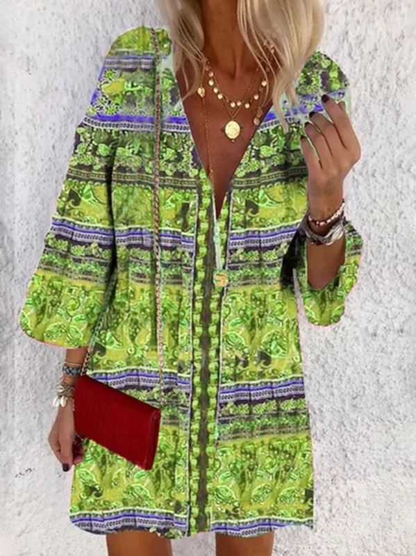 Cotton Long Sleeve Shift Vintage Boho Weaving Handmade Dress