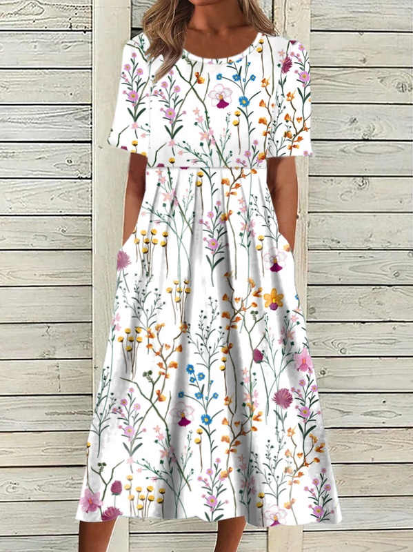 Womens Daily Weekend Striped Ruched Vacation Crew Neck Floral Short