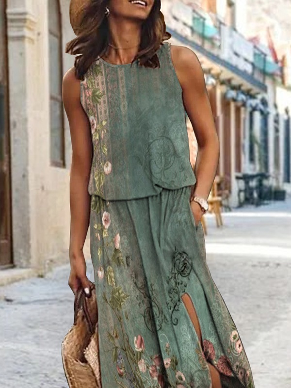 Crew Neck Casual Nationality Ethnic Loose Handmade Dress