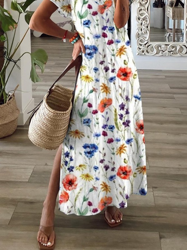 Casual Floral Short Sleeve V Neck Printed Handmade Dress