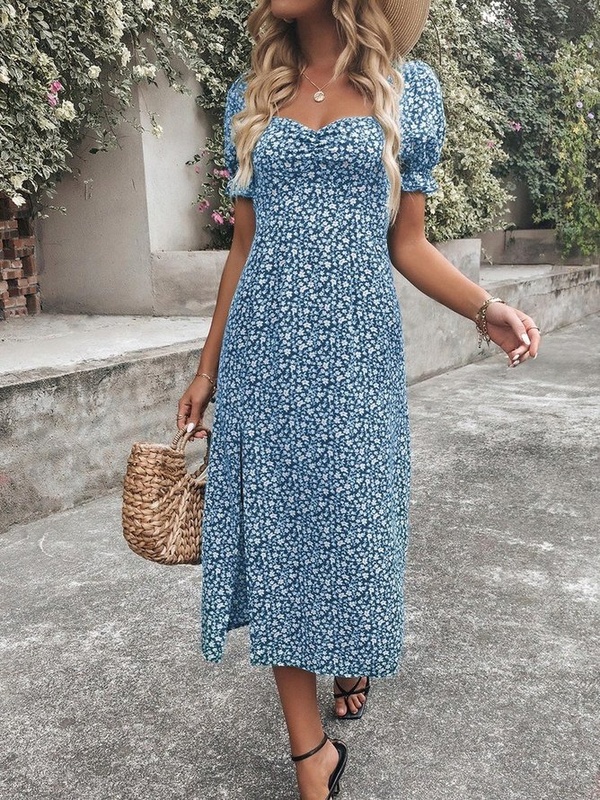 Sweetheart Neckline Disty Floral Short SleeveVacation Wrap Handmade Dress