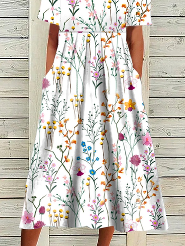 Womens Daily Weekend Striped Ruched Vacation Crew Neck Floral Short