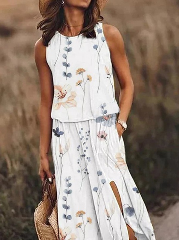 Floral Crew Neck Casual Vacation Sleeveless Loose Handmade Dress