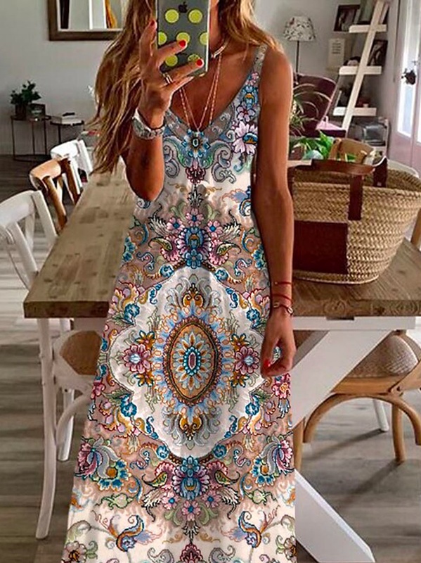 Casual V Neck Loose Handmade Dress