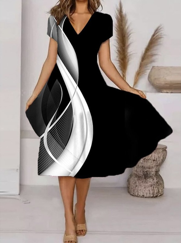 Regular Fit Black And White Colorblock V Neck Casual Handmade Dress