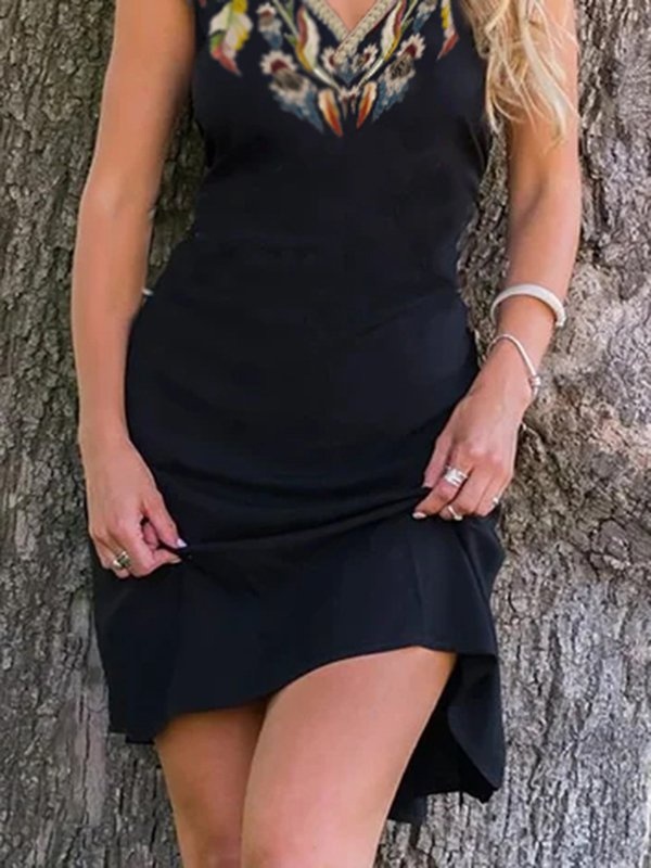 Casual Floral Print Short Sleeve V Neck Weaving Handmade Dress