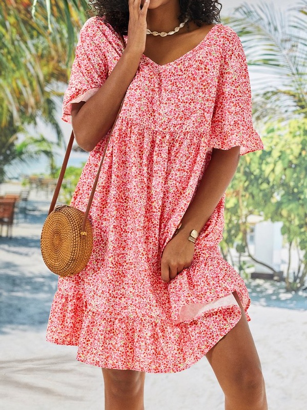 Red Floral Casual Short Sleeve Ruffled Weaving Handmade Dress