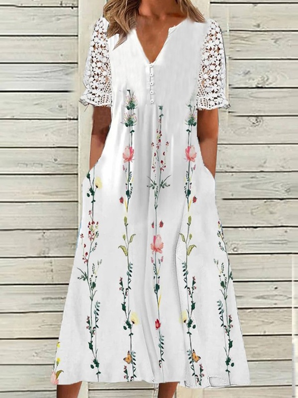 Womens Loose Casual V Neck Short Sleeve Jersey Handmade Dress