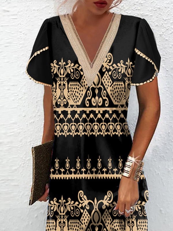 Printing V Neck Casual Handmade Dress