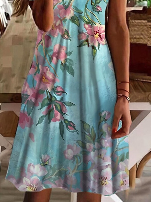 Floral Casual V Neck Short Sleeve A line Handmade Dresses
