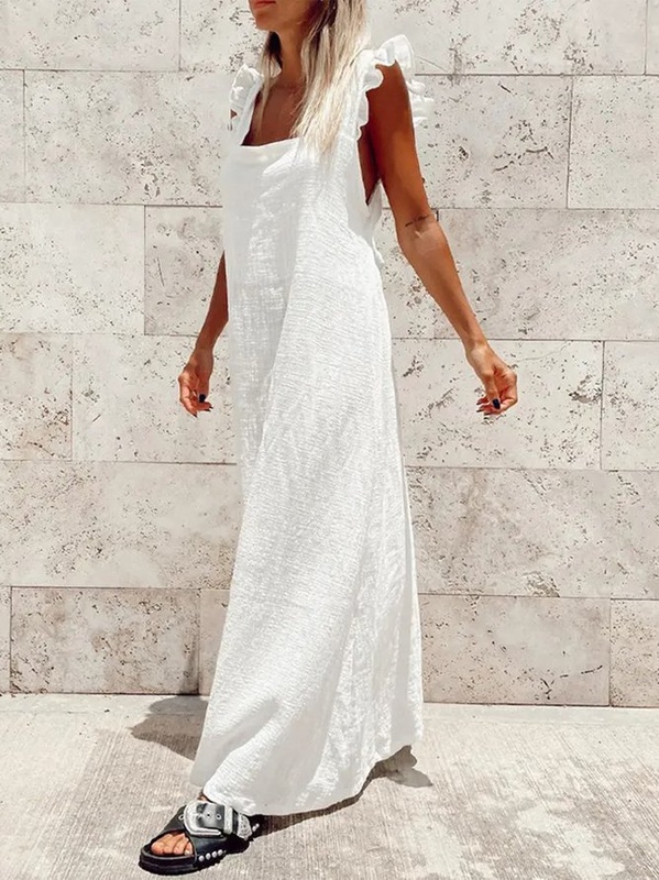 Plain Flouncing Cap Sleeve Lace up Square Neck Casual Long