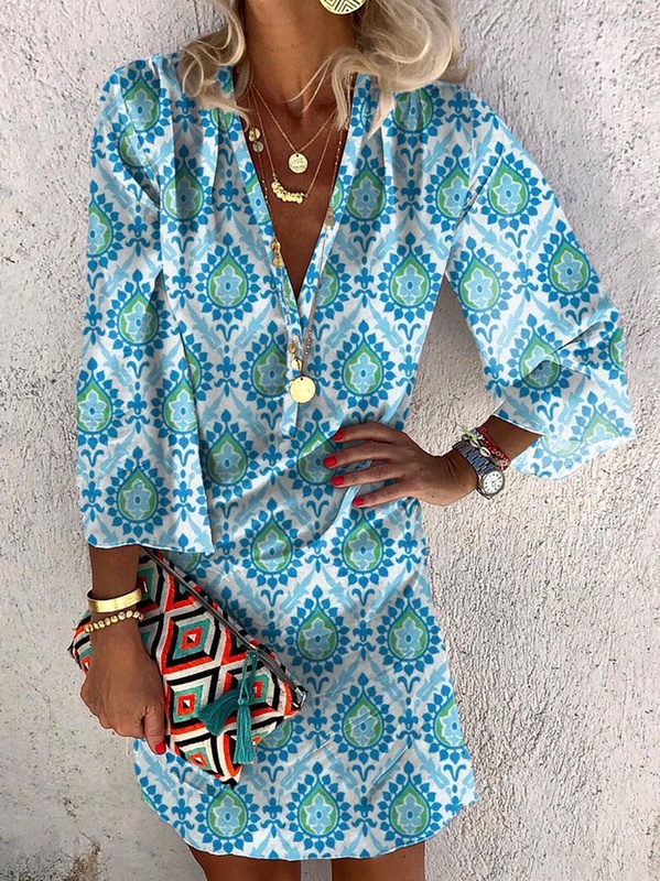 Womens Loose Casual V Neck Long Sleeve Ethnic Handmade Dress