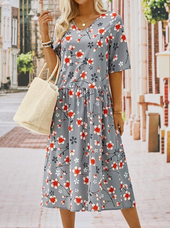 Vintage Women Short Sleeve V Neck Floral Printed Casual Weaving