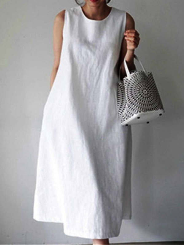 White Casual Plain Weaving Handmade Dress