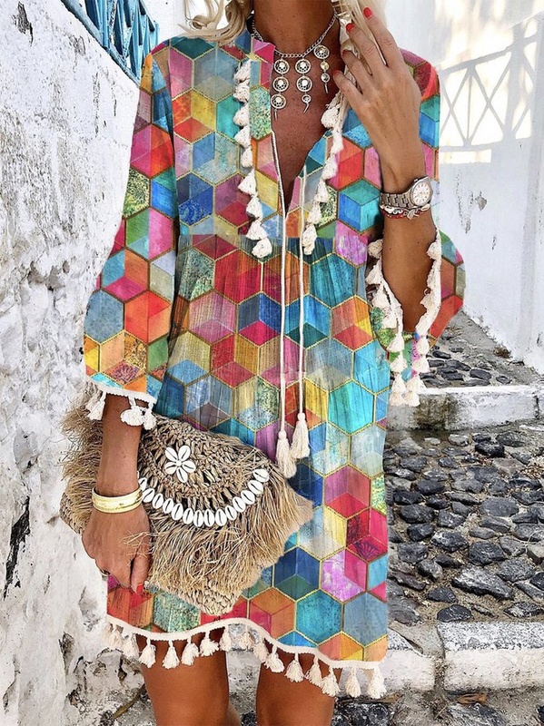 Tassel Geometric V Neck 3 4 Sleeve Casual Handmade Dresses