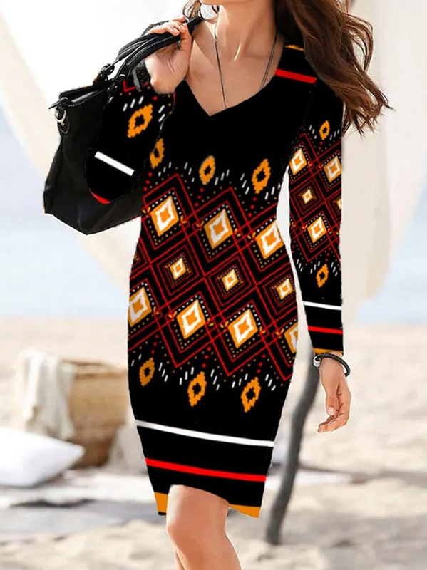 V Neck Long Sleeve Floral Print Vintage Knitting Handmade Dress