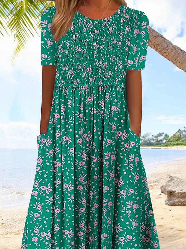 Green Floral Crew Neck Casual Loose Handmade Dress