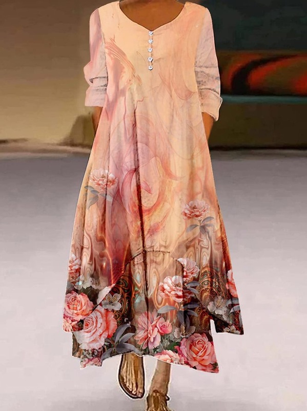 Floral Casual Loose V Neck Handmade Dress