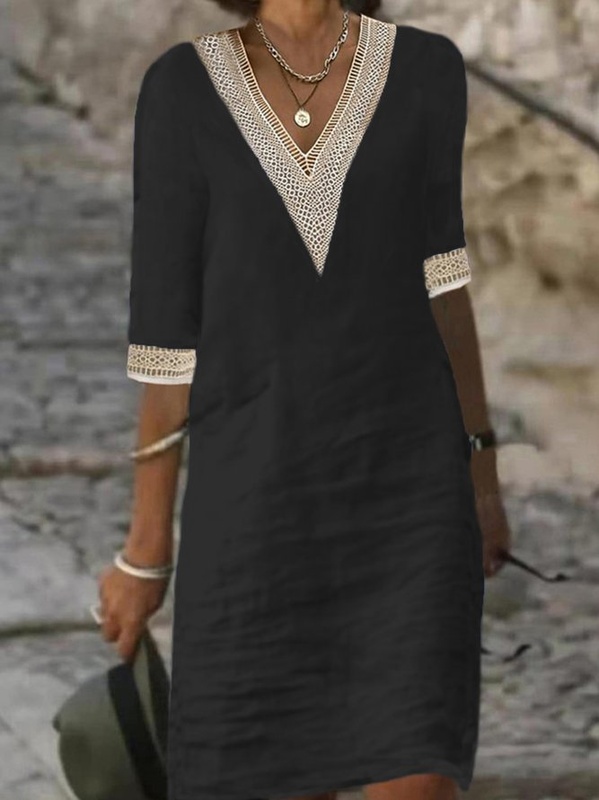 Plain Casual V Neck Cotton Handmade Dress