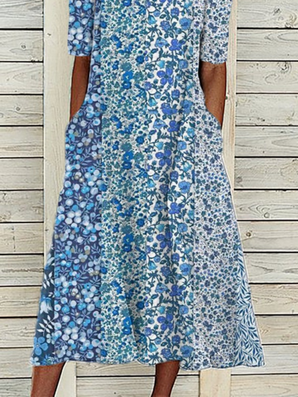 Boat Neck Casual Floral Handmade Dress