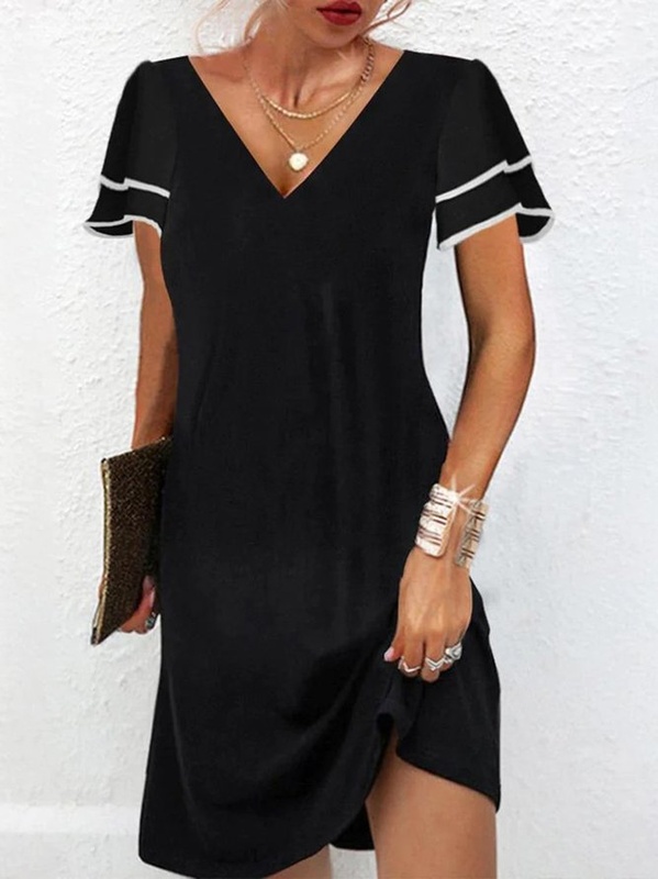 Plain V Neck Casual Short sleeve Loose Handmade Dress