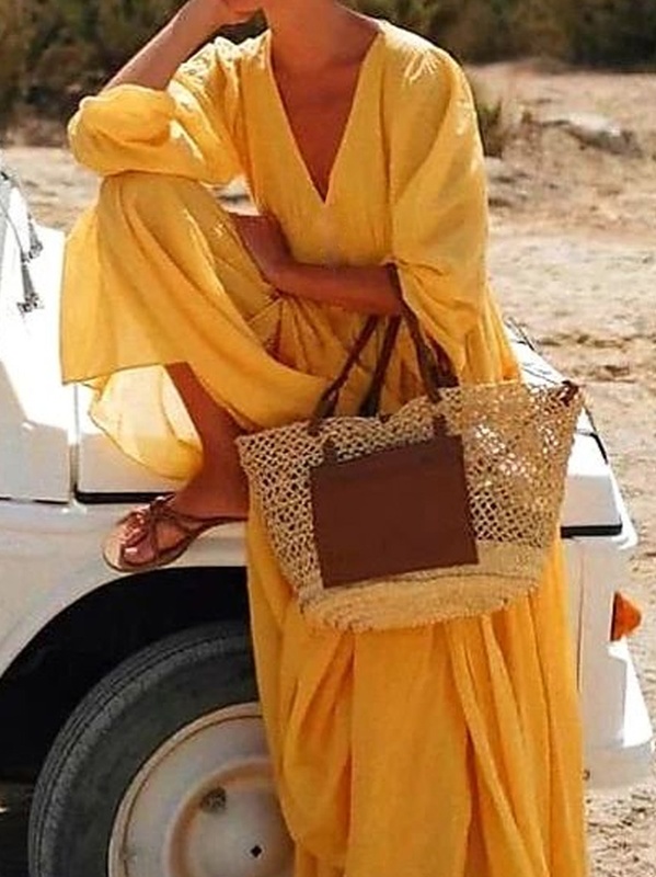 V Neck Cotton Vacation Loose Handmade Dress