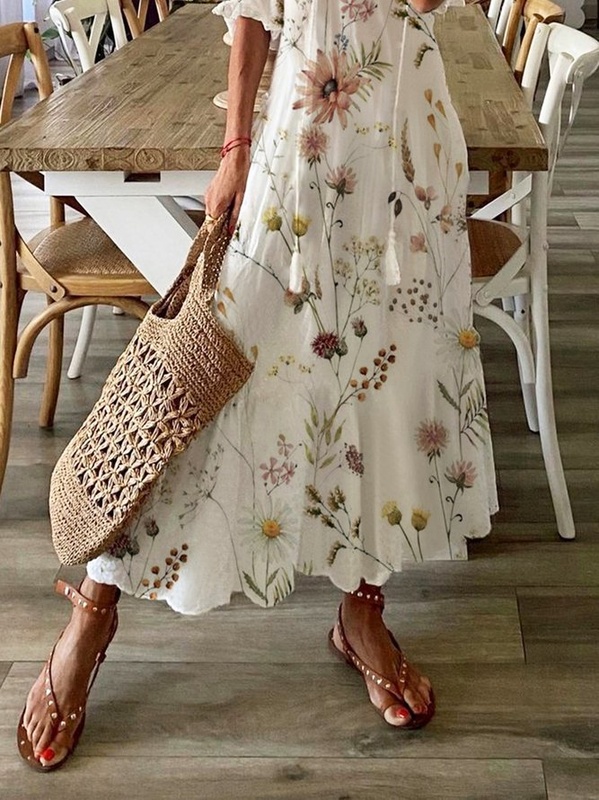 Floral Casual V Neck Tassel Loose Handmade Dress