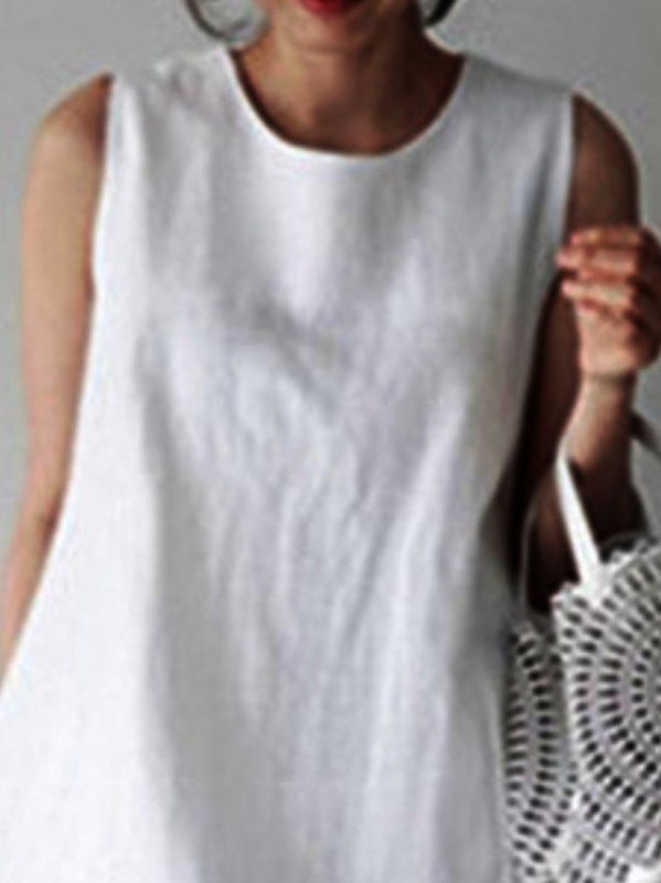 White Casual Plain Weaving Handmade Dress