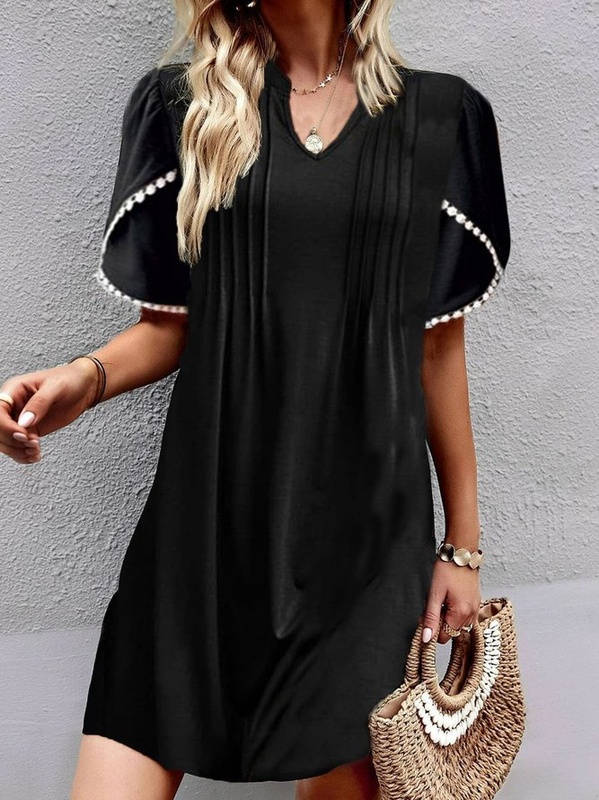 Casual V Neck Lace Edge Handmade Dress