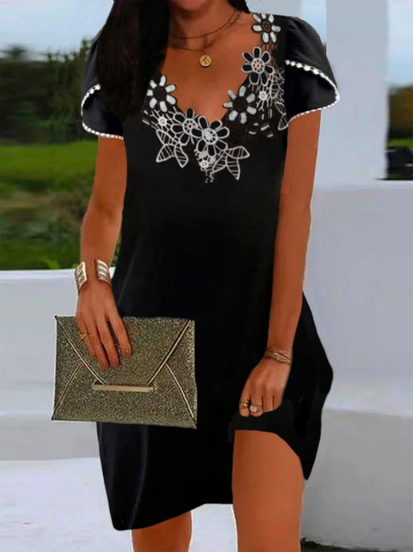 Lace Edge V Neck Short Sleeve Plain Casual Tunic Handmade Dress