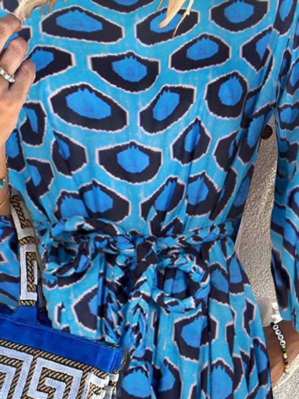 A Line Balloon Sleeve Leopard Print Weaving Handmade Dress