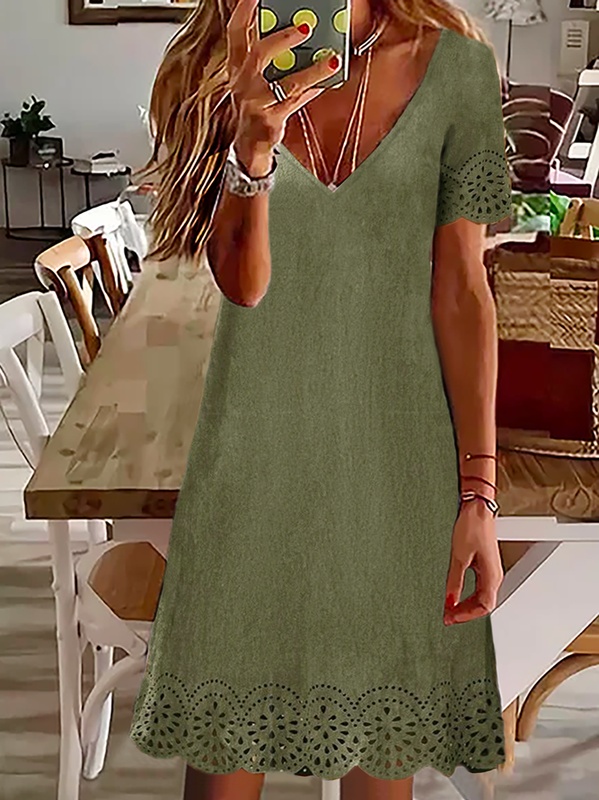 Casual V Neck Plain Handmade Dress