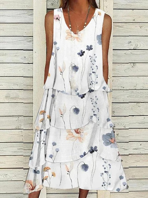 Floral V Neck Loose Casual Handmade Dress